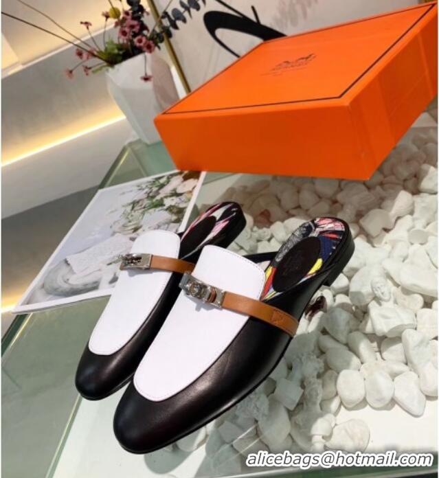 Best Product Hermes Calfskin Oz Mules 033135 Black/White