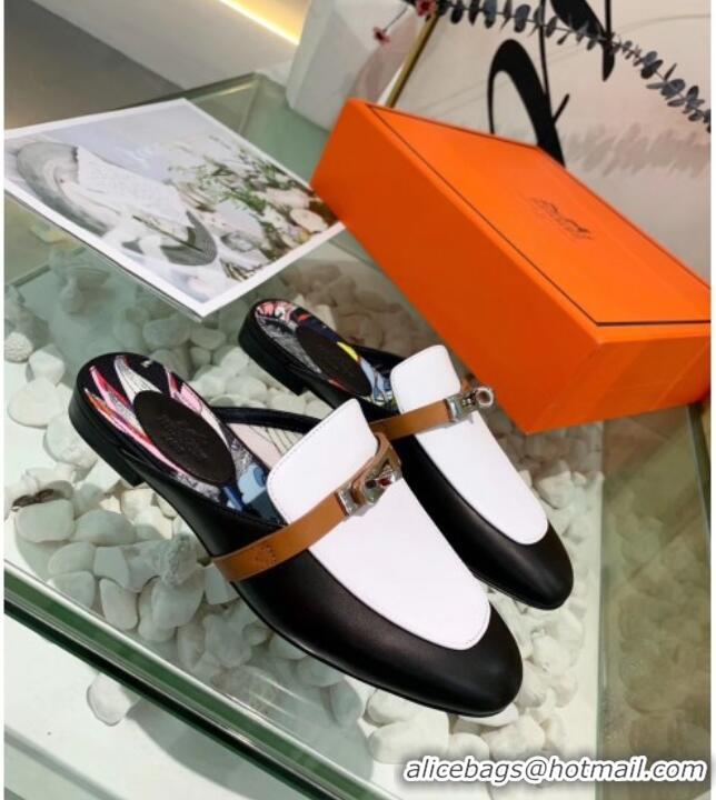 Best Product Hermes Calfskin Oz Mules 033135 Black/White