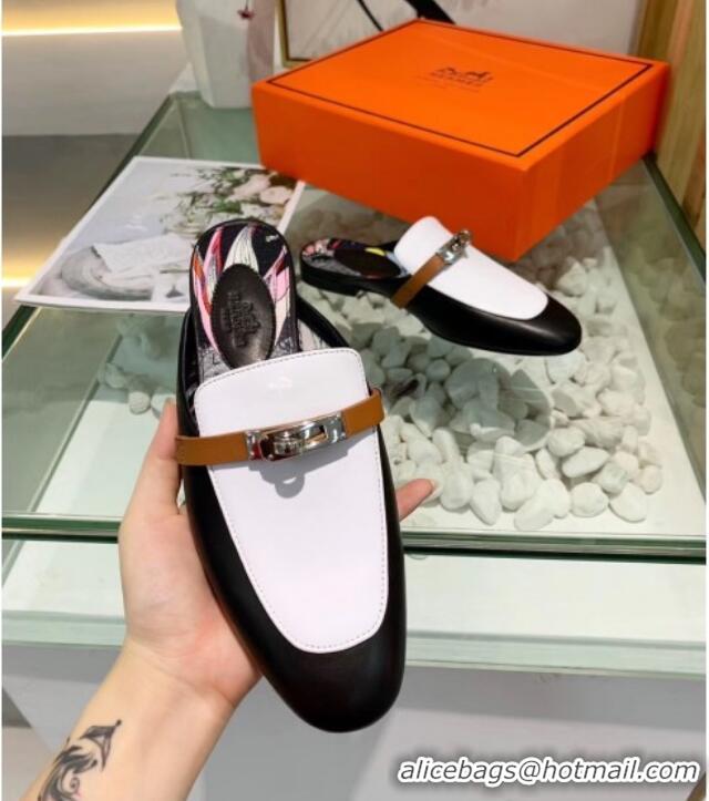 Best Product Hermes Calfskin Oz Mules 033135 Black/White