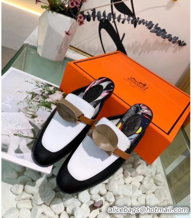 Best Product Hermes Calfskin Oz Mules 033135 Black/White