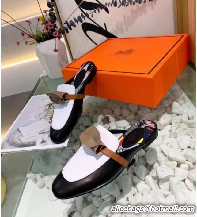 Best Product Hermes Calfskin Oz Mules 033135 Black/White