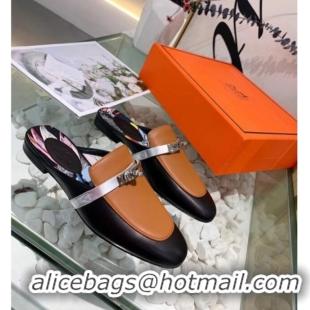 Grade Quality Hermes Calfskin Oz Mules 033135 Black/Brown