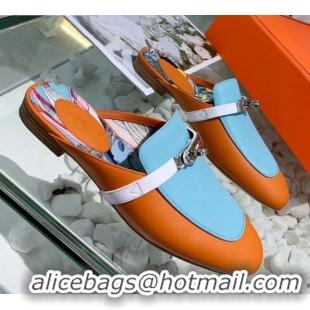 Best Grade Hermes Calfskin Oz Mules 033135 Orange/Blue