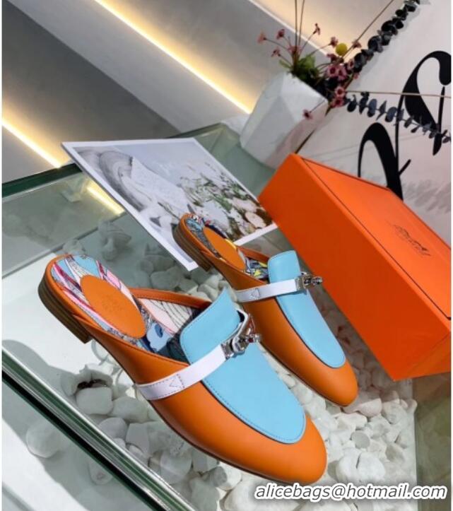 Best Grade Hermes Calfskin Oz Mules 033135 Orange/Blue