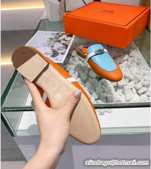 Best Grade Hermes Calfskin Oz Mules 033135 Orange/Blue