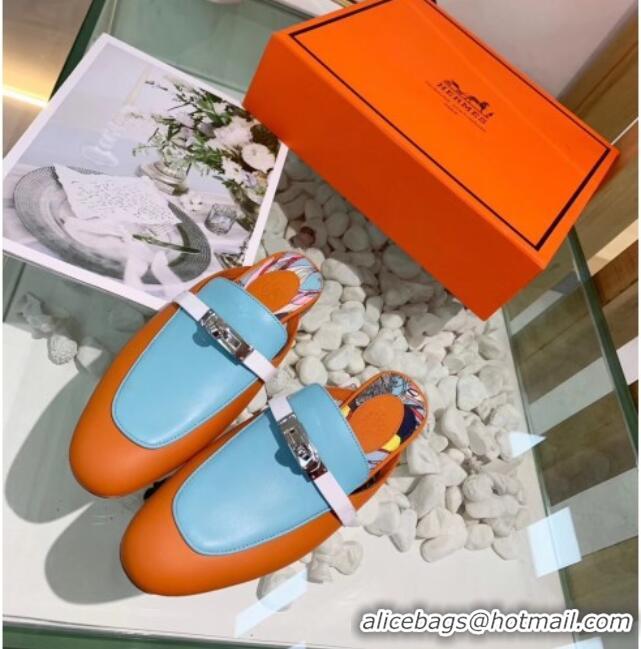 Best Grade Hermes Calfskin Oz Mules 033135 Orange/Blue