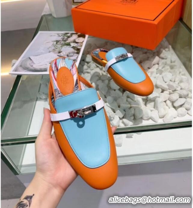 Best Grade Hermes Calfskin Oz Mules 033135 Orange/Blue