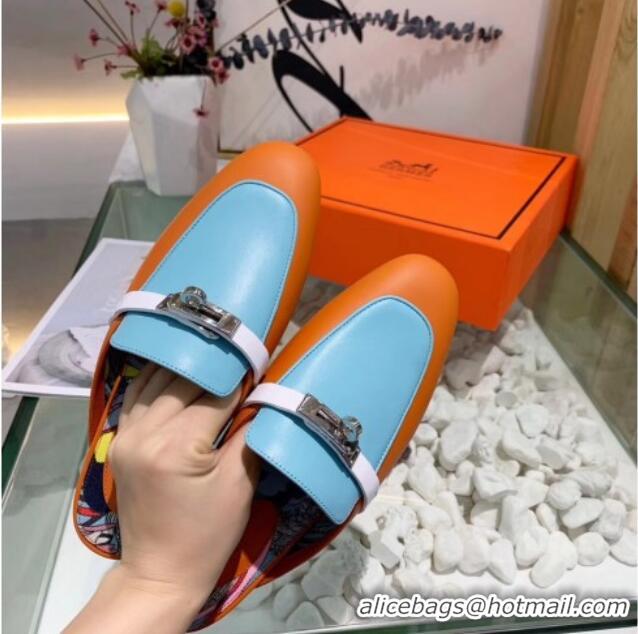 Best Grade Hermes Calfskin Oz Mules 033135 Orange/Blue