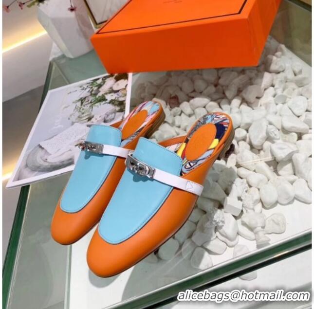 Best Grade Hermes Calfskin Oz Mules 033135 Orange/Blue