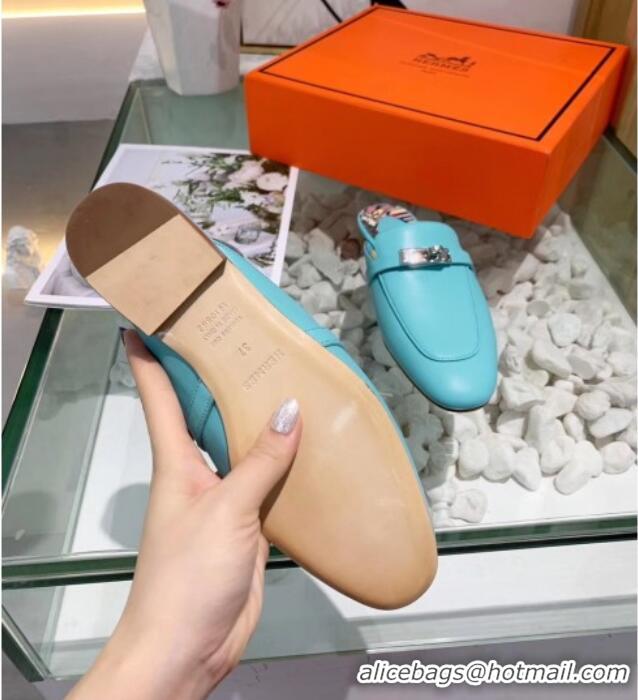 Good Quality Hermes Calfskin Oz Mules 033135 Blue