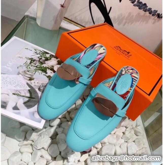 Good Quality Hermes Calfskin Oz Mules 033135 Blue