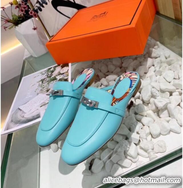 Good Quality Hermes Calfskin Oz Mules 033135 Blue