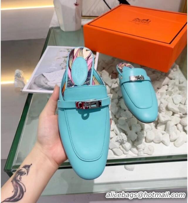 Good Quality Hermes Calfskin Oz Mules 033135 Blue