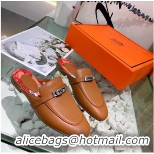 Top Grade Hermes Calfskin Oz Mules 033135 Brown