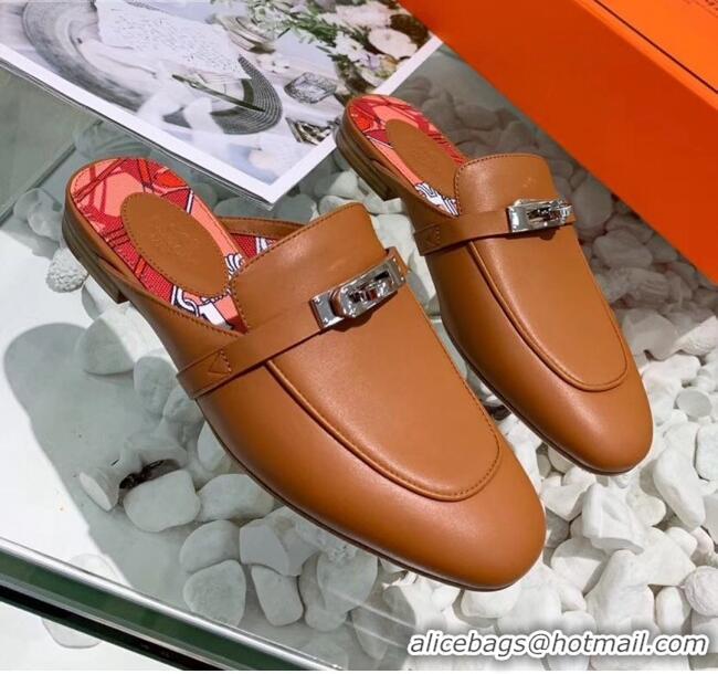 Top Grade Hermes Calfskin Oz Mules 033135 Brown