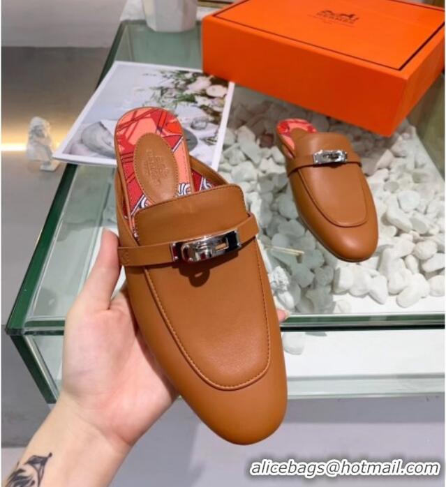 Top Grade Hermes Calfskin Oz Mules 033135 Brown