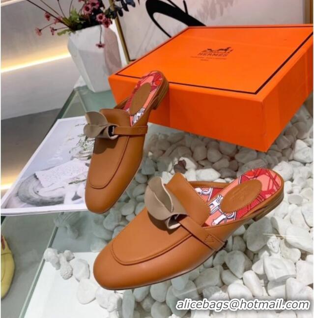 Top Grade Hermes Calfskin Oz Mules 033135 Brown