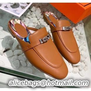 Good Quality Hermes Calfskin Oz Mules 033135 Brown