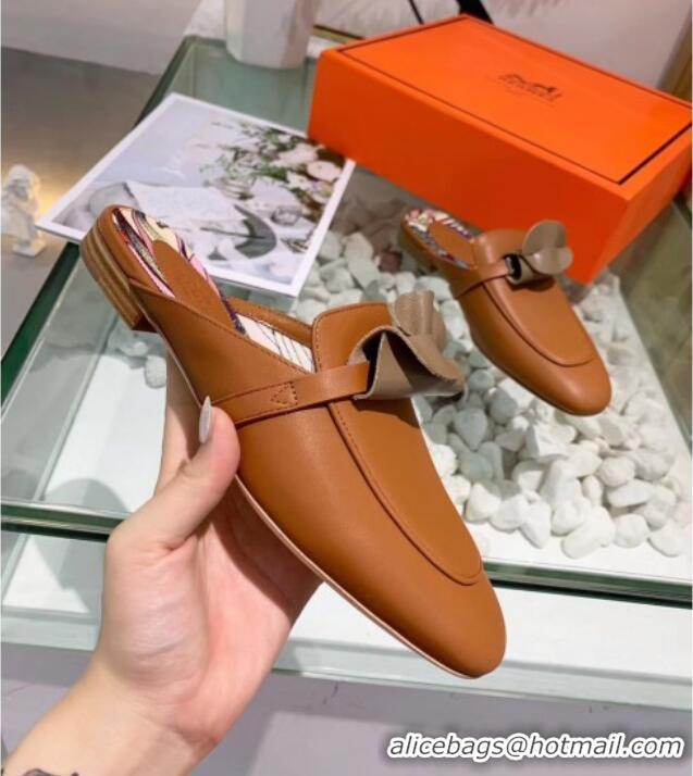 Good Quality Hermes Calfskin Oz Mules 033135 Brown