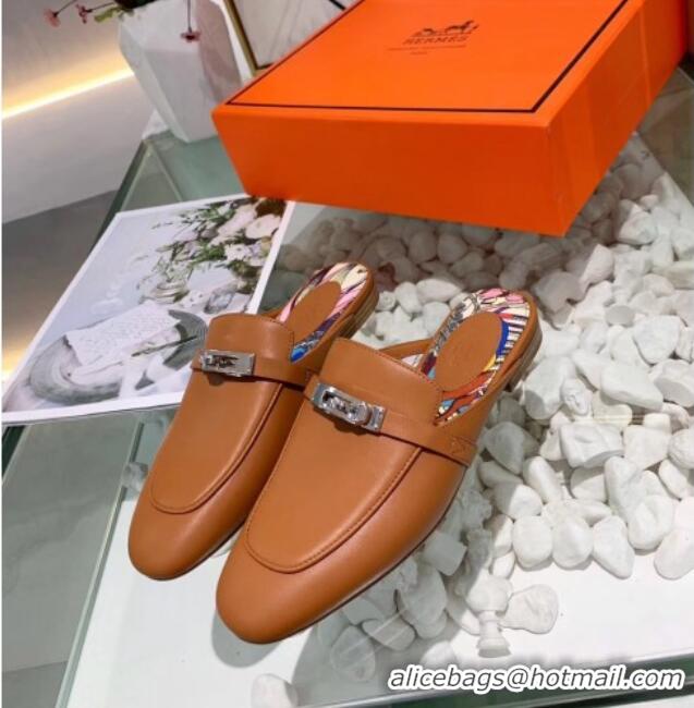 Good Quality Hermes Calfskin Oz Mules 033135 Brown