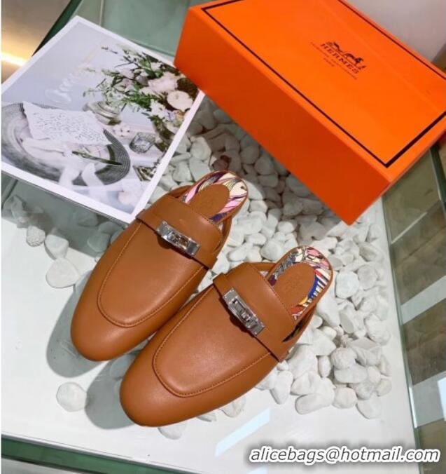 Good Quality Hermes Calfskin Oz Mules 033135 Brown