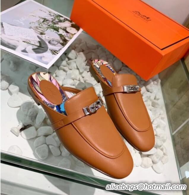 Good Quality Hermes Calfskin Oz Mules 033135 Brown