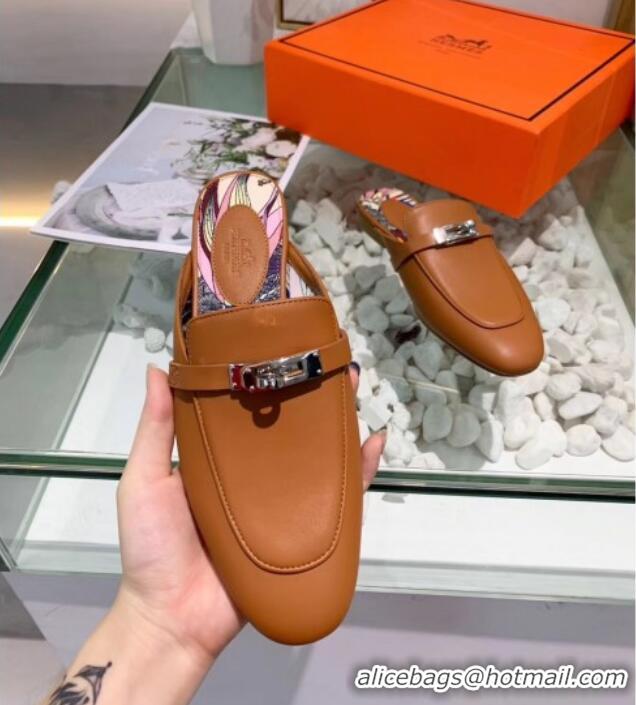 Good Quality Hermes Calfskin Oz Mules 033135 Brown