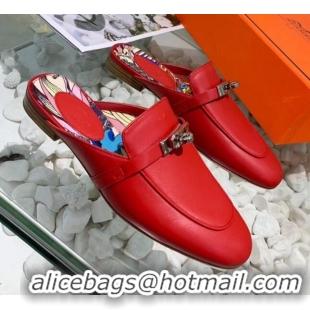 Good Looking Hermes Calfskin Oz Mules 033135 Red