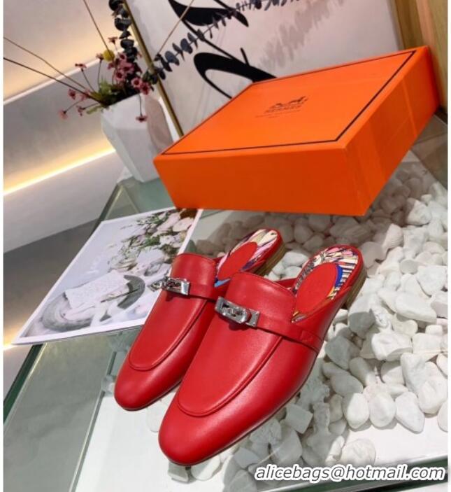 Good Looking Hermes Calfskin Oz Mules 033135 Red