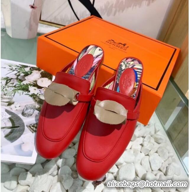 Good Looking Hermes Calfskin Oz Mules 033135 Red