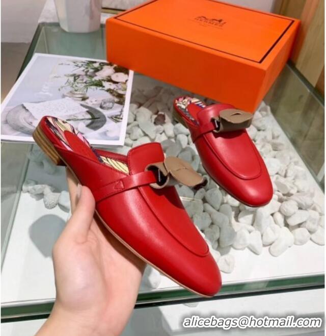 Good Looking Hermes Calfskin Oz Mules 033135 Red