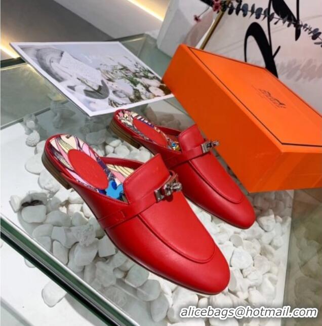 Good Looking Hermes Calfskin Oz Mules 033135 Red