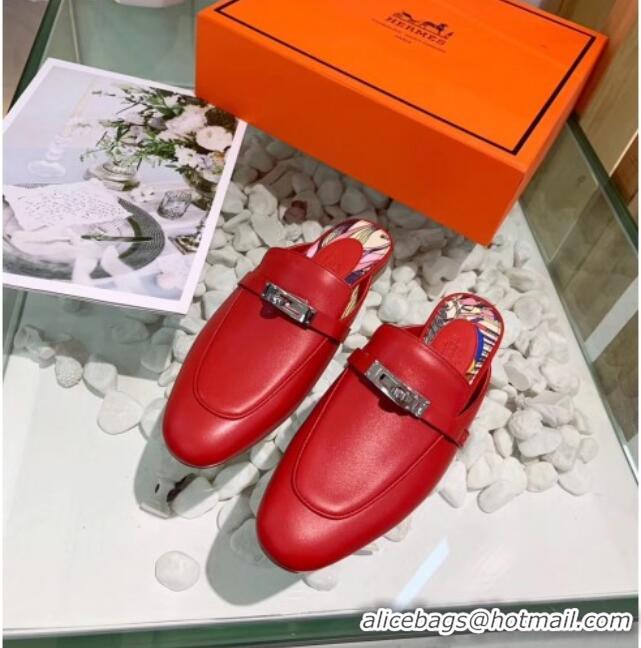 Good Looking Hermes Calfskin Oz Mules 033135 Red