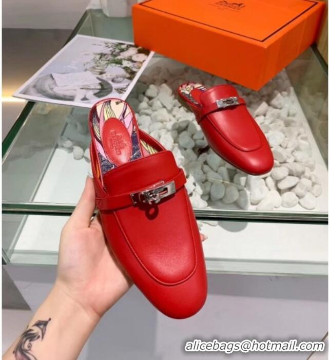 Good Looking Hermes Calfskin Oz Mules 033135 Red