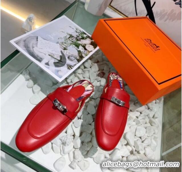 Good Looking Hermes Calfskin Oz Mules 033135 Red