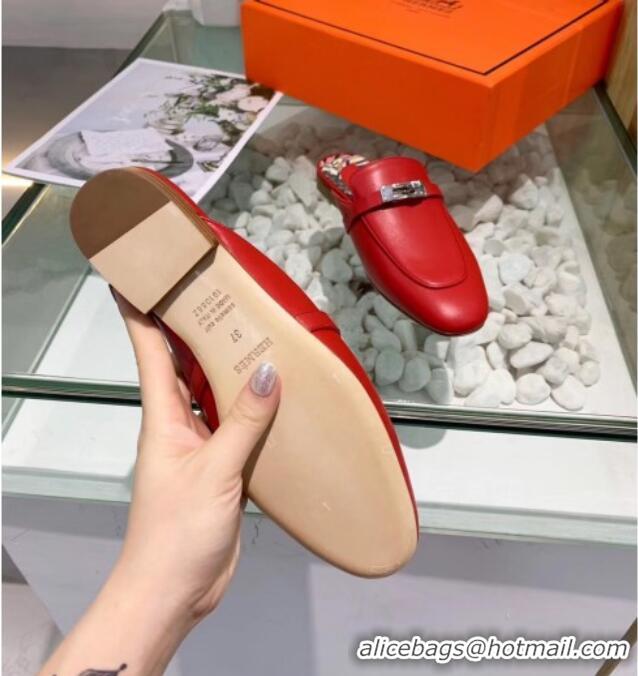 Good Looking Hermes Calfskin Oz Mules 033135 Red