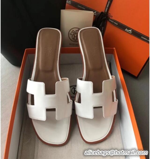 Good Product Hermes Patent Calfskin Leather Oran H Flat Slipper Sandals 40101 White