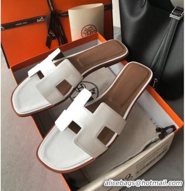 Good Product Hermes Patent Calfskin Leather Oran H Flat Slipper Sandals 40101 White