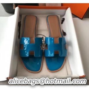 Top Quality Hermes Patent Calfskin Leather Oran H Flat Slipper Sandals 40101 Peacock Blue