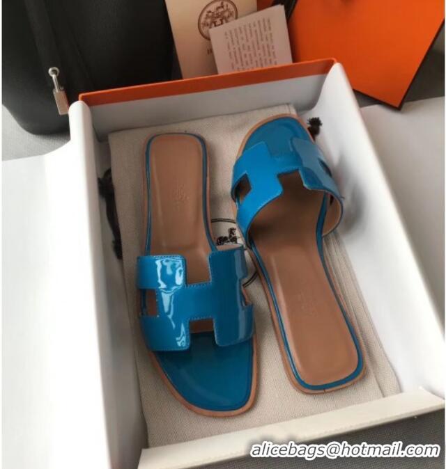 Top Quality Hermes Patent Calfskin Leather Oran H Flat Slipper Sandals 40101 Peacock Blue