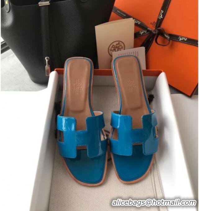 Top Quality Hermes Patent Calfskin Leather Oran H Flat Slipper Sandals 40101 Peacock Blue