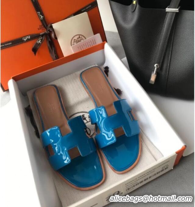 Top Quality Hermes Patent Calfskin Leather Oran H Flat Slipper Sandals 40101 Peacock Blue