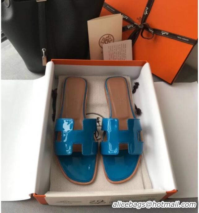 Top Quality Hermes Patent Calfskin Leather Oran H Flat Slipper Sandals 40101 Peacock Blue