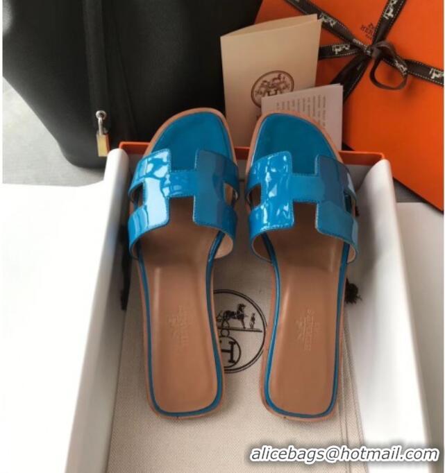 Top Quality Hermes Patent Calfskin Leather Oran H Flat Slipper Sandals 40101 Peacock Blue