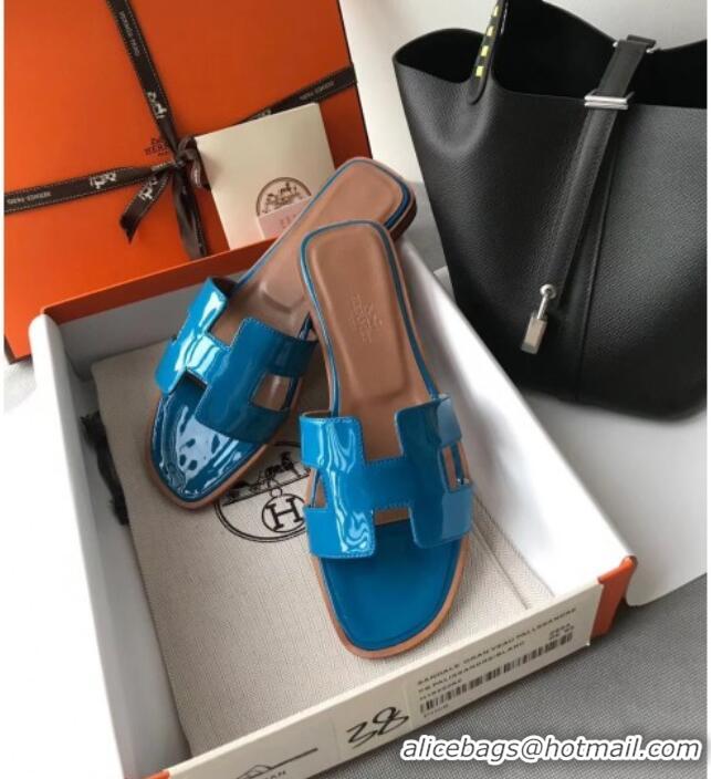 Top Quality Hermes Patent Calfskin Leather Oran H Flat Slipper Sandals 40101 Peacock Blue