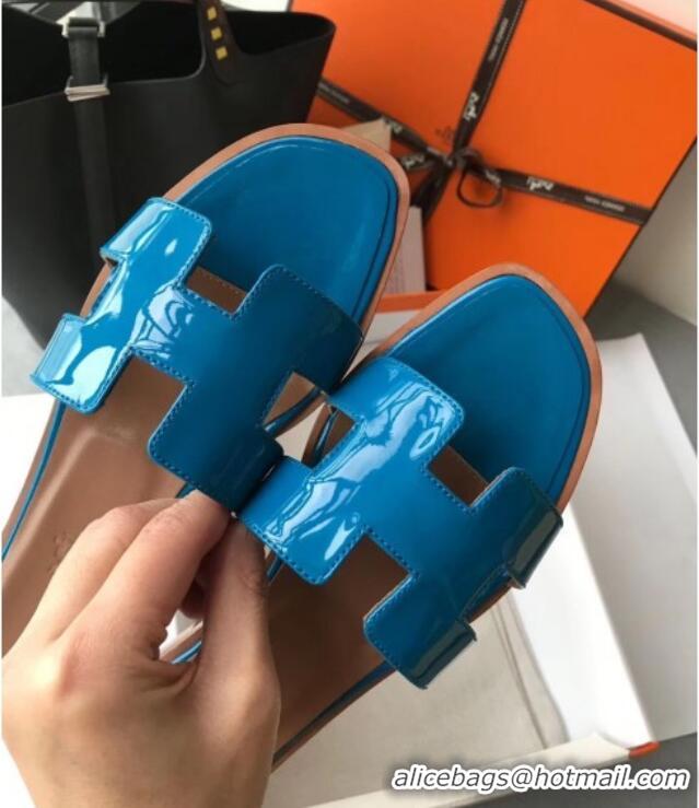 Top Quality Hermes Patent Calfskin Leather Oran H Flat Slipper Sandals 40101 Peacock Blue