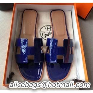 Luxury Classic Hermes Patent Calfskin Leather Oran H Flat Slipper Sandals 40101 Electric Blue