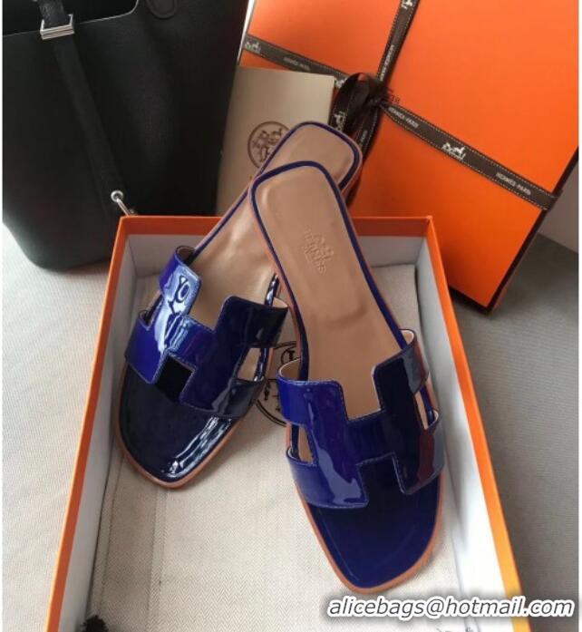 Luxury Classic Hermes Patent Calfskin Leather Oran H Flat Slipper Sandals 40101 Electric Blue