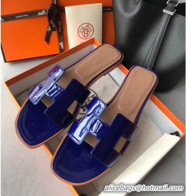 Luxury Classic Hermes Patent Calfskin Leather Oran H Flat Slipper Sandals 40101 Electric Blue