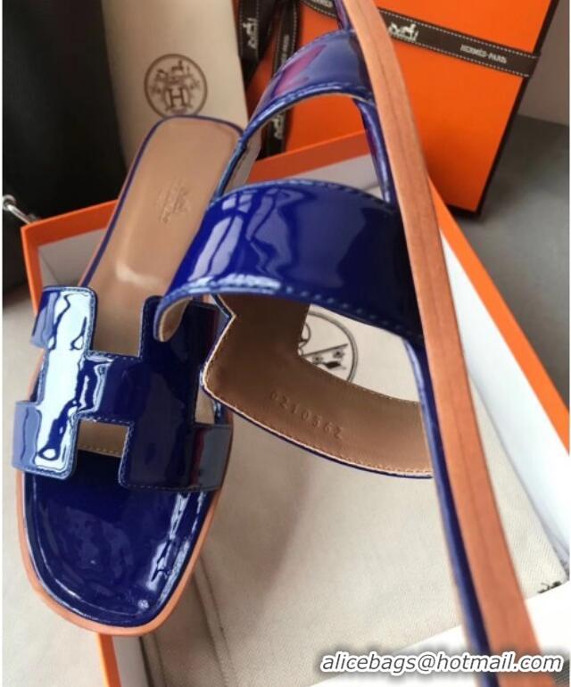 Luxury Classic Hermes Patent Calfskin Leather Oran H Flat Slipper Sandals 40101 Electric Blue